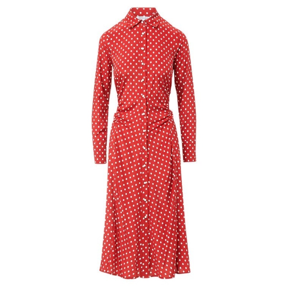 Veronica Beard Lex Polka Dot Dress Red White Ruched Midi Shirtdress Long Sleeve